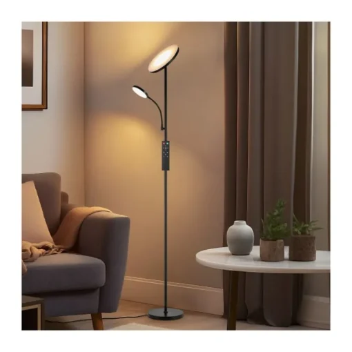 Lámpara de pie Vinet con lector LED 30+6w 3CCT 3000lm acabado negro estilo moderno con mando a distancia 25cm Ø
