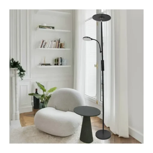 Lámpara de pie Vinet con lector LED 30+6w 3CCT 3000lm acabado negro estilo moderno con mando a distancia 25cm Ø