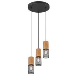 Lámpara de techo colgante Cáncer 3 luces redonda 3xE27 acabado metal negro madera natural estilo rústico 28cm Ø