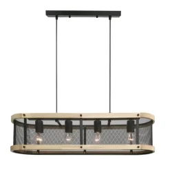 Lámpara de techo colgante Farm 4 luces lineal 4xE27 acabado metal negro y madera natural estilo rústico