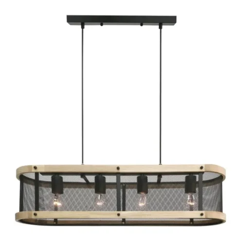 Lámpara de techo colgante Farm 4 luces lineal 4xE27 acabado metal negro y madera natural estilo rústico
