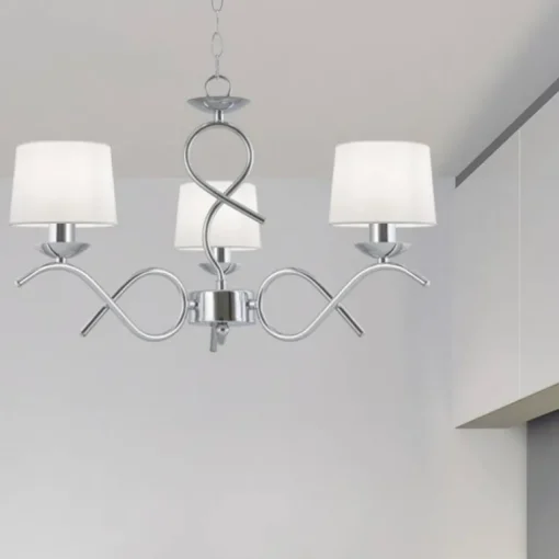 Lámpara de techo colgante Gloria 3 luces 3xE14 acabado metal cromo tejido blanco estilo clásico 55cm ØCromo