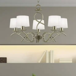 Lámpara de techo colgante Gloria 5 luces 5xE14 acabado metal oro envejecido tejido blanco estilo clásico 58cm Ø