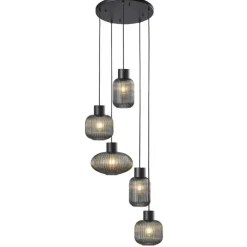 Lámpara de techo colgante Galio 5 luces redonda 5xE27 acabado metal negro y cristal fumé estilo vintage