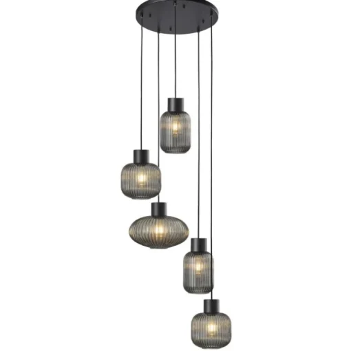 Lámpara de techo colgante Galio 5 luces redonda 5xE27 acabado metal negro y cristal fumé estilo vintage