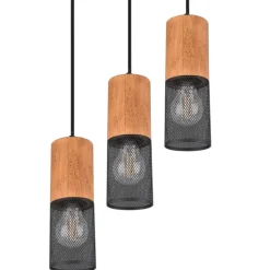 Lámpara de techo colgante Cáncer 3 luces redonda 3xE27 acabado metal negro madera natural estilo rústico 28cm Ø