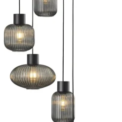 Lámpara de techo colgante Galio 5 luces redonda 5xE27 acabado metal negro y cristal fumé estilo vintage