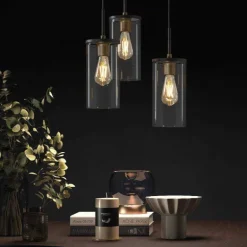 Lámpara de techo colgante Triel 3 luces 3xE27 acabado negro cristal transparente estilo vintage 30cm Ø