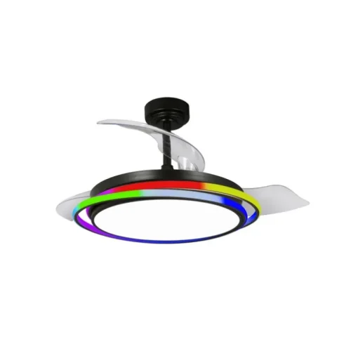 Ventilador de techo Antila RGB negro LED 65w 3CCT acabado acero negro estilo moderno aspas plegables motor DC 106cm Ø
