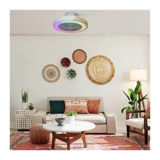 Ventilador de techo Corpi LED 35w 3CCT RGB acabado blanco/madera natural estilo moderno plafón con ventilador motor DC 50cm Ø
