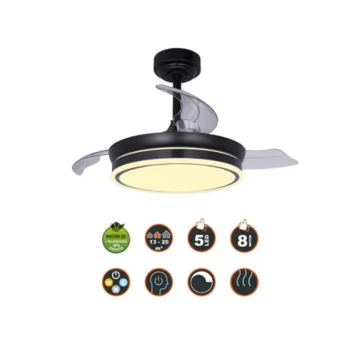 Ventilador de techo Martina negro LED integrado 46w 3CCT acabado negro estilo moderno aspas plegables motor DC 92cm Ø