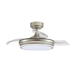 Ventilador de techo Martina níquel LED integrado 46w 3CCT acabado níquel estilo moderno aspas plegables motor DC 92cm Ø