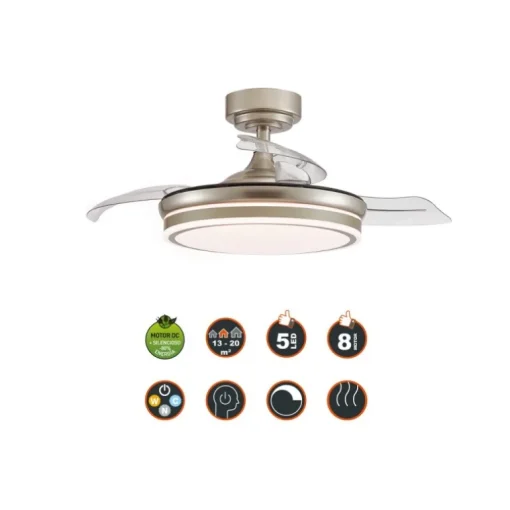Ventilador de techo Martina níquel LED integrado 46w 3CCT acabado níquel estilo moderno aspas plegables motor DC 92cm Ø