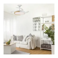Ventilador de techo Nordic blanco LED integrado 45w 3CCT acabado blanco/madera estilo moderno aspas plegables motor DC 106cm Ø