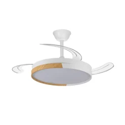 Ventilador de techo Nordic blanco LED integrado 45w 3CCT acabado blanco/madera estilo moderno aspas plegables motor DC 106cm Ø
