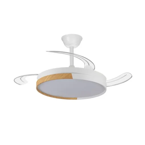 Ventilador de techo Nordic blanco LED integrado 45w 3CCT acabado blanco/madera estilo moderno aspas plegables motor DC 106cm Ø