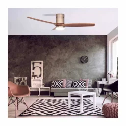 Ventilador de techo Yen Madera Oscura LED 15w 3 CCT acabado oro envejecido aspas madera estilo moderno motor DC 132cm Ø